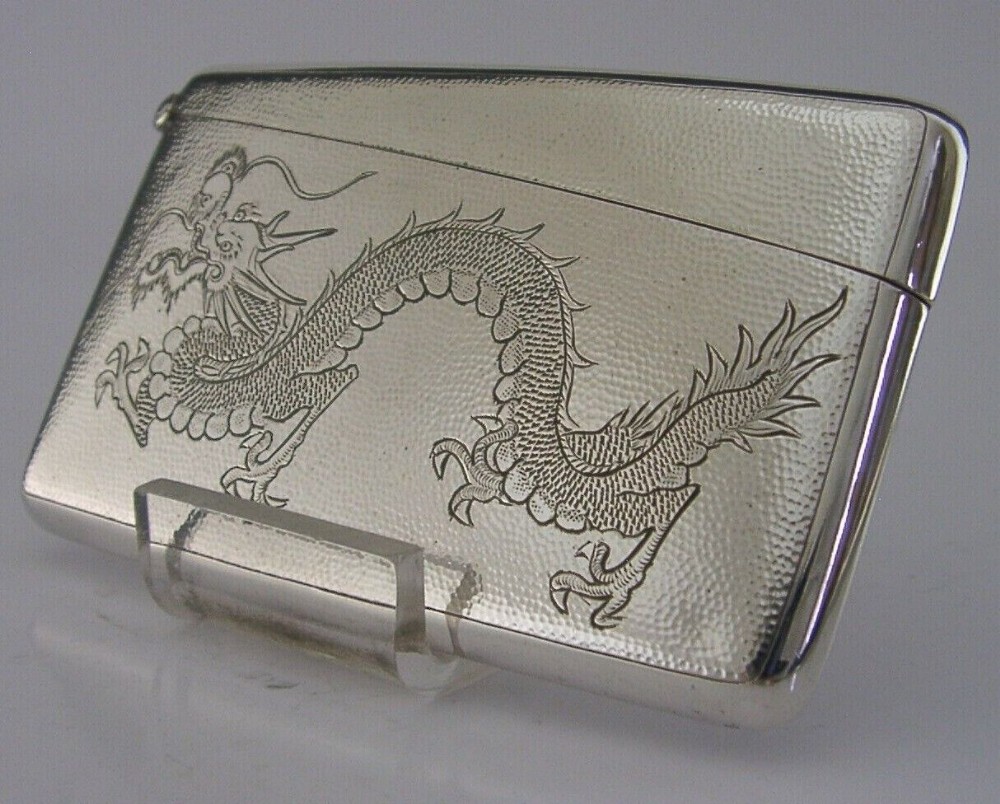 WONDERFUL SOLID SILVER CHINESE EXPORT SILVER DRAGON CARD CASE c1910 ANTIQUE 68g