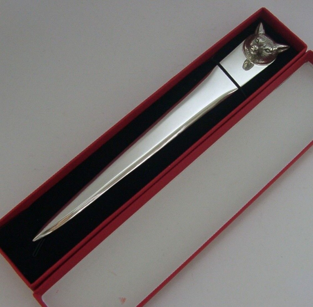 SUPERB ENGLISH SOLID STERLING SILVER FOX HEAD LETTER OPENER 1967 BOXED HUNTING