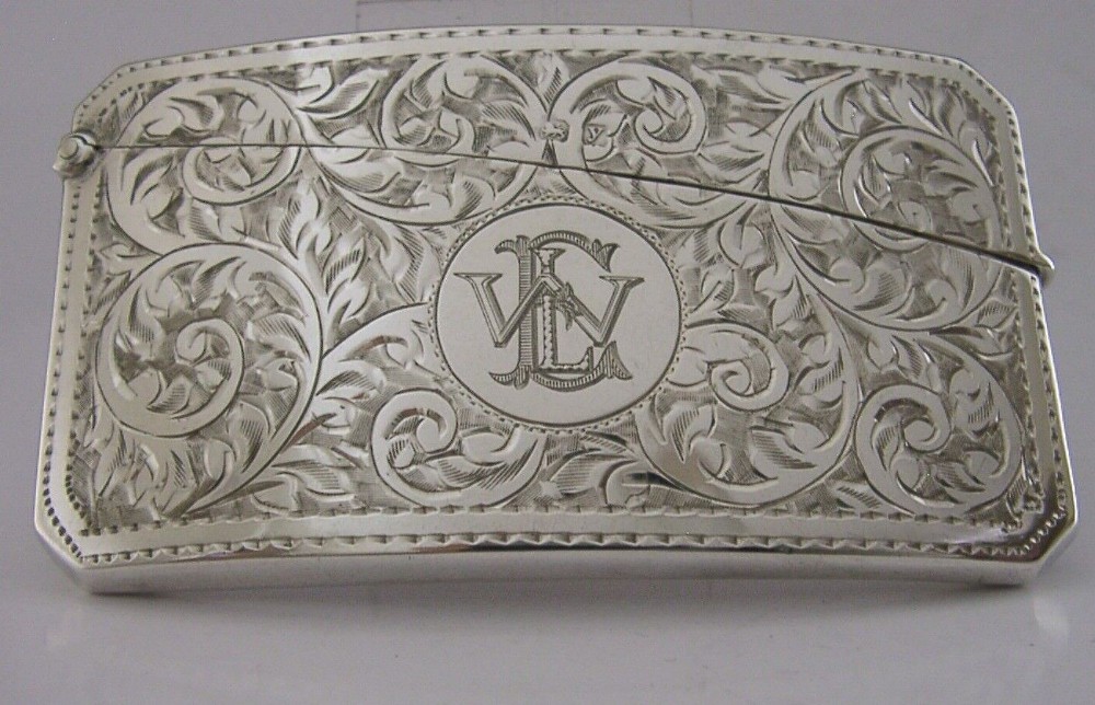 WONDERFUL ENGLISH SOLID SILVER CURVED CARD CASE 1923 ANTIQUE 50g