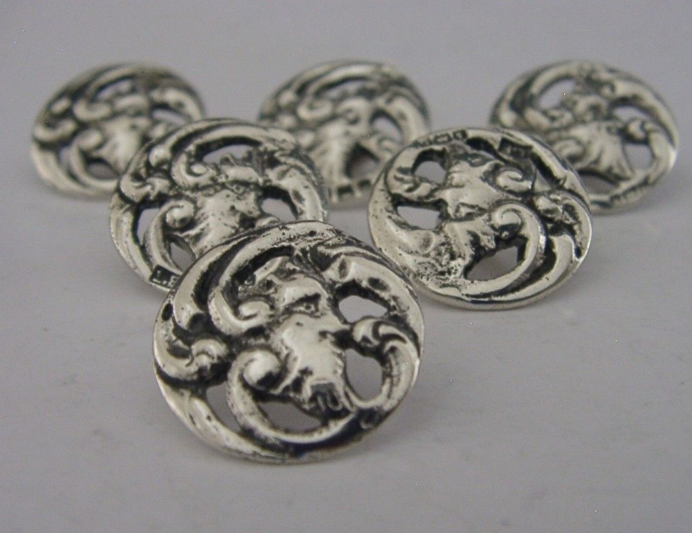 SIX ENGLISH SOLID STERLING SILVER BUTTONS 1902 ANTIQUES