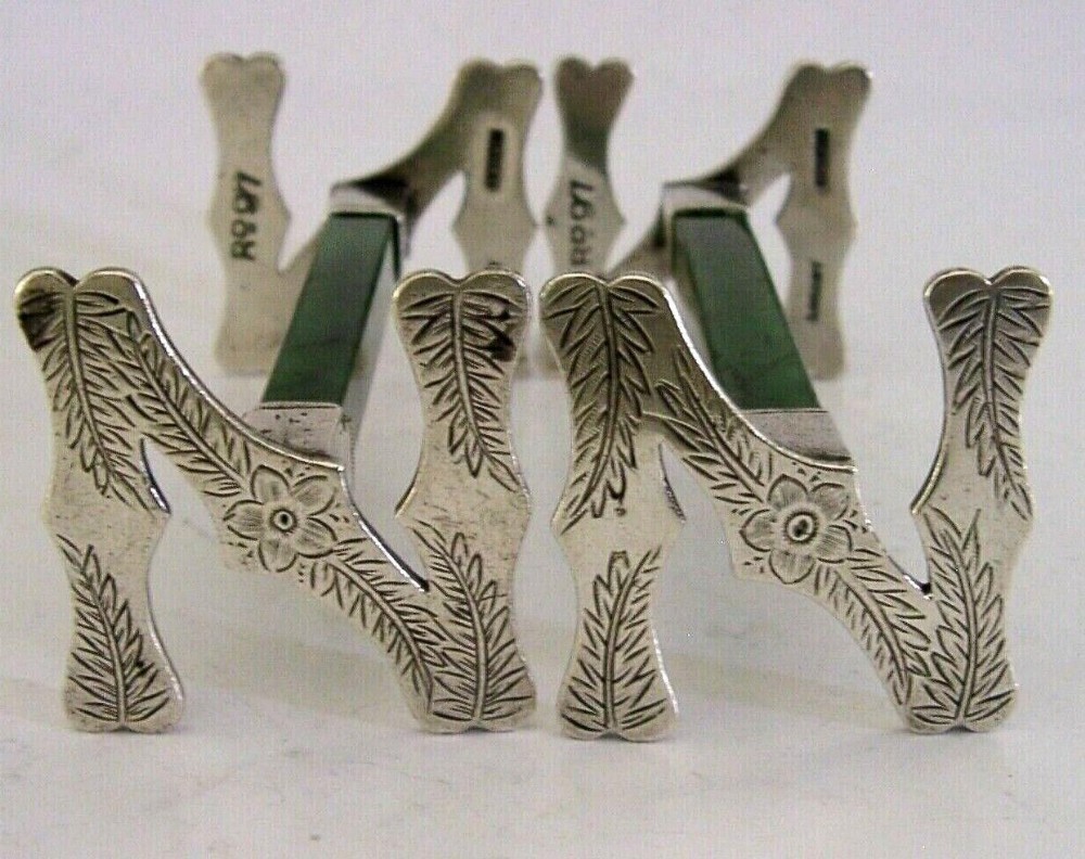 RARE AUSRALIAN NEW ZEALAND STERLING SILVER JADE CUTLERY RESTS c1884 F GRADY