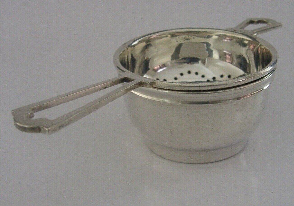 ENGLISH STERLING SILVER TEA STRAINER AND DRIP BOWL STAND 1946 HUKIN & HEATH LTD