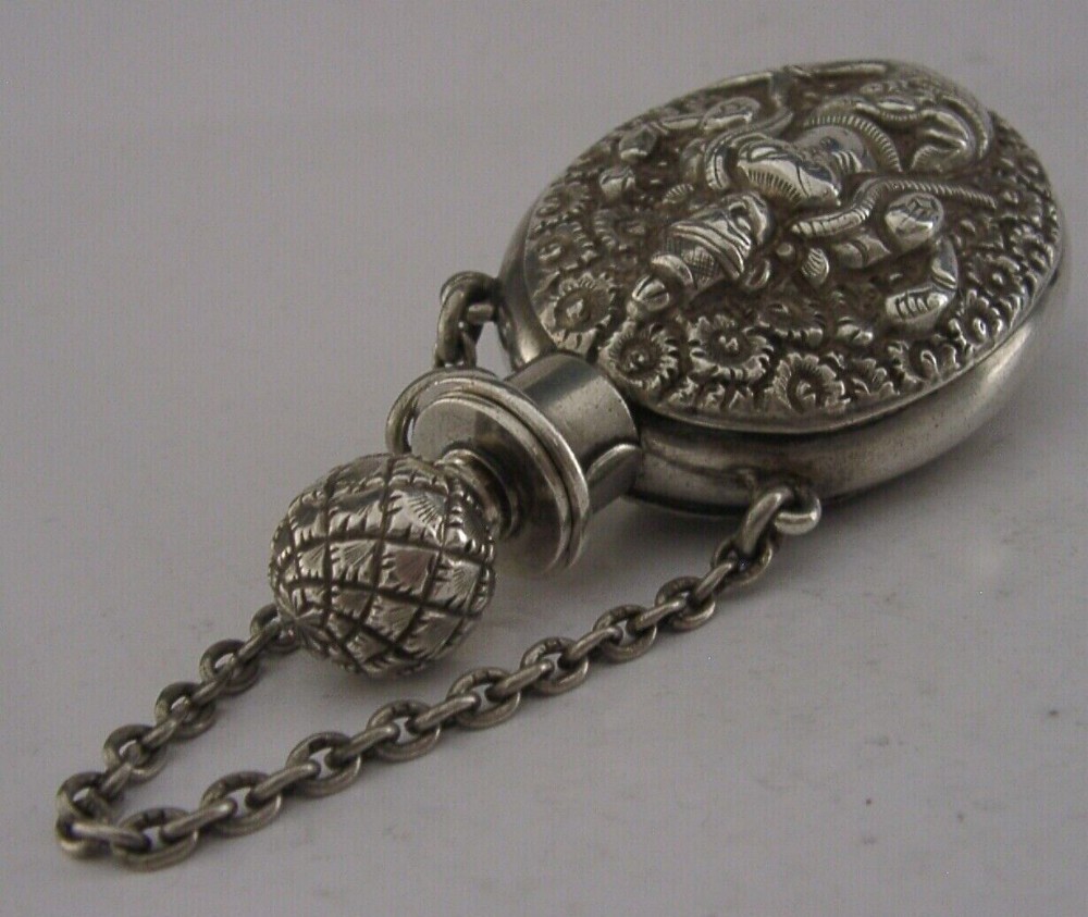 RARE INDIAN SOLID SILVER SCENT PERFUME BOTTLE HIP FLASK c1880 ANTIQUE 76g DIETY