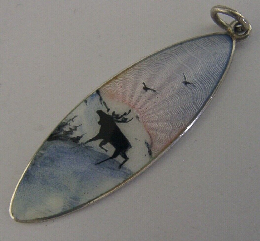 PRETTY NORWEGIAN SOLID STERLING SILVER ENAMEL PENDANT c1930s ANTIQUE MOOSE