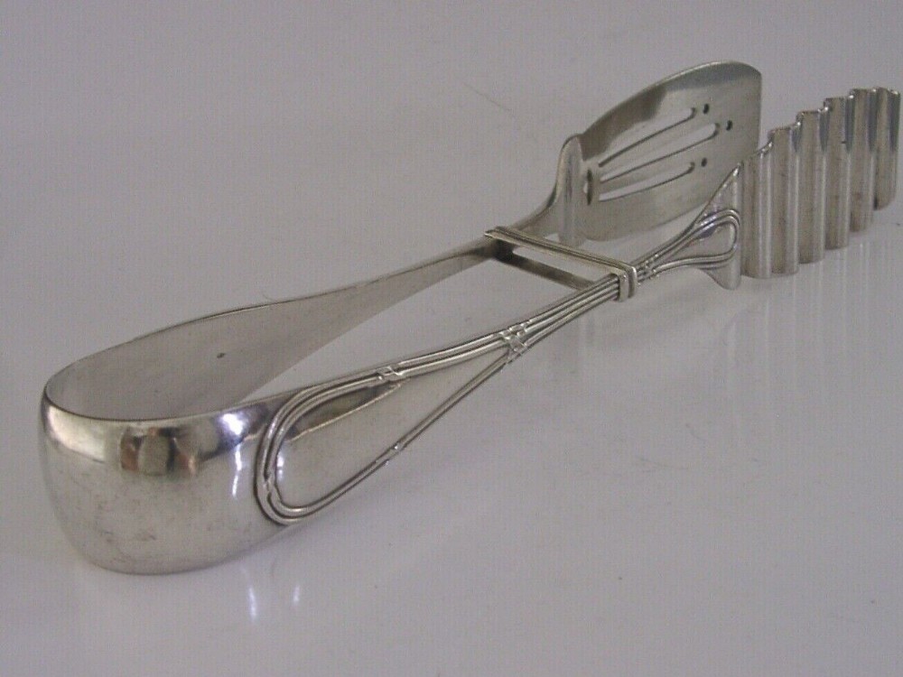 GERMAN SECESSIONIST SOLID SILVER SERVING TONGS c1910 ANTIQUE HEAVY 156g NOUVEAU