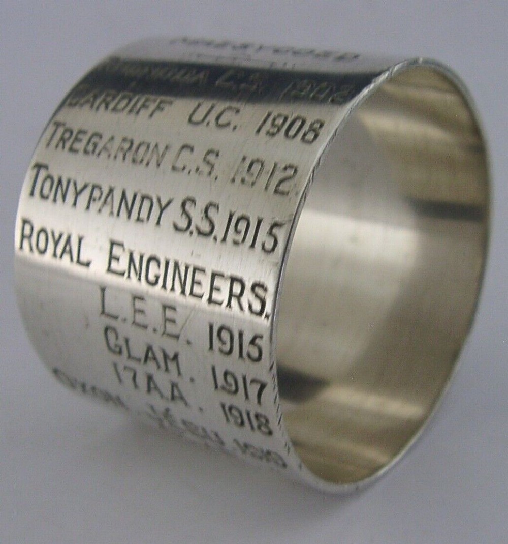 RARE STERLING SILVER WWI NAPKIN RING WALES NAVAL ANTI AIRCRAFT INTEREST MILITARY