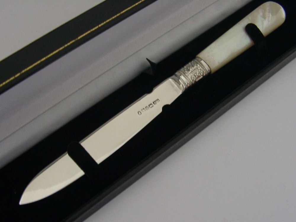 ENGLISH GEORGIAN SOLID STERLING SILVER MOP LETTER OPENER 1830 BOXED