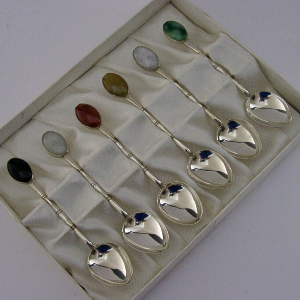 SET OF SIX CHINESE EXPORT STERLING SILVER JADE SPOONS c1940 ANTIQUE 48g
