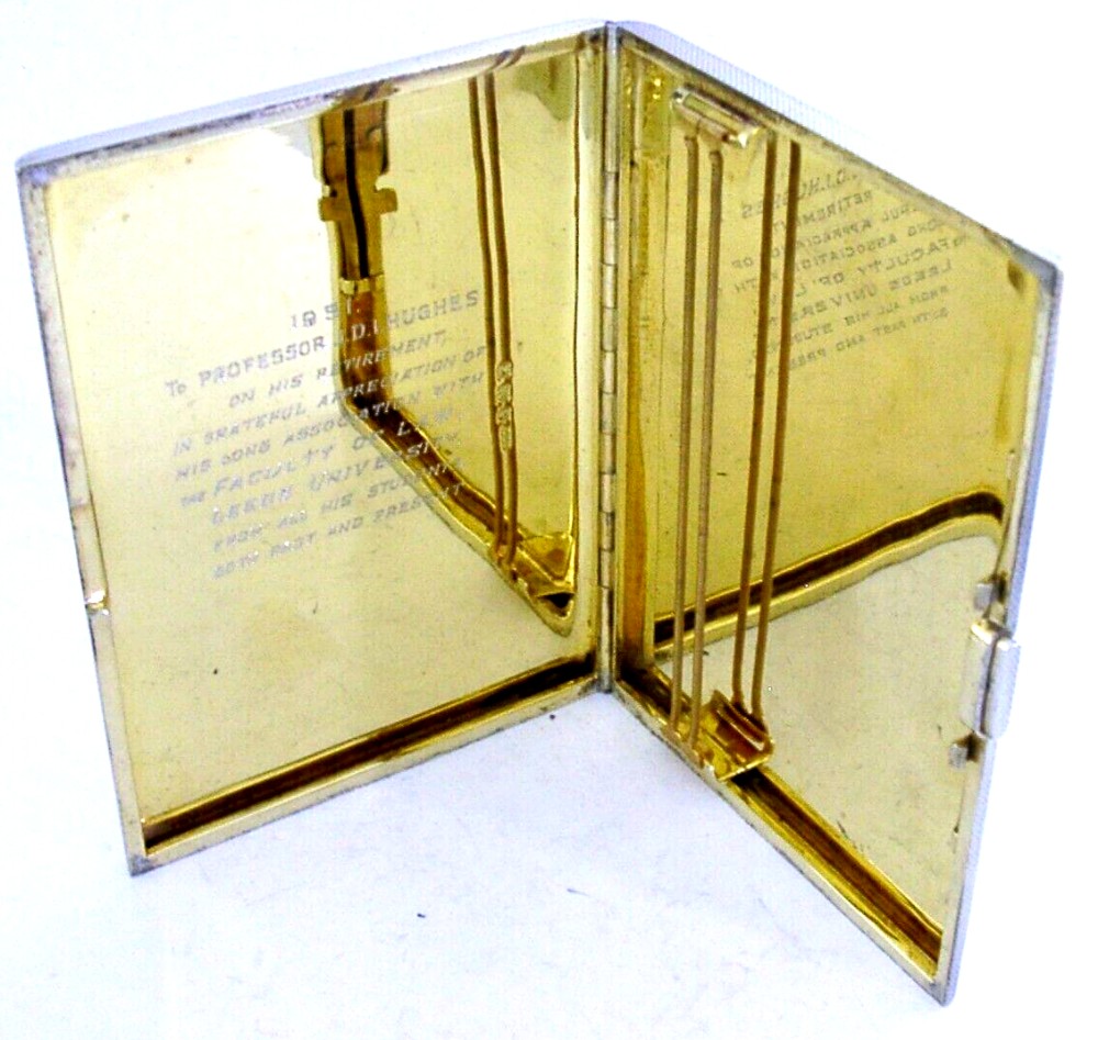 206g ENGLISH STERLING SILVER & GOLD LEEDS UNI PRESENTATION CIGARETTE CASE 1949