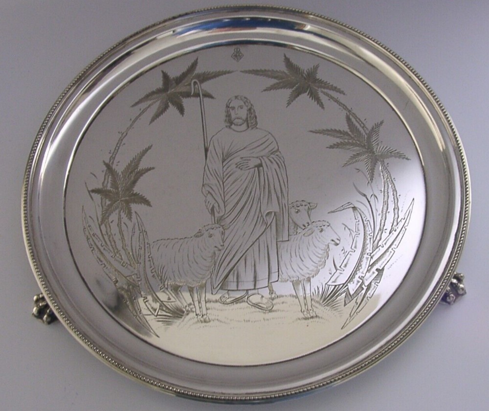 SUPERB SILVER PLATED RELIGIOUS JESUS TRAY SALVER 1872 VICTORIAN ANTIQUE