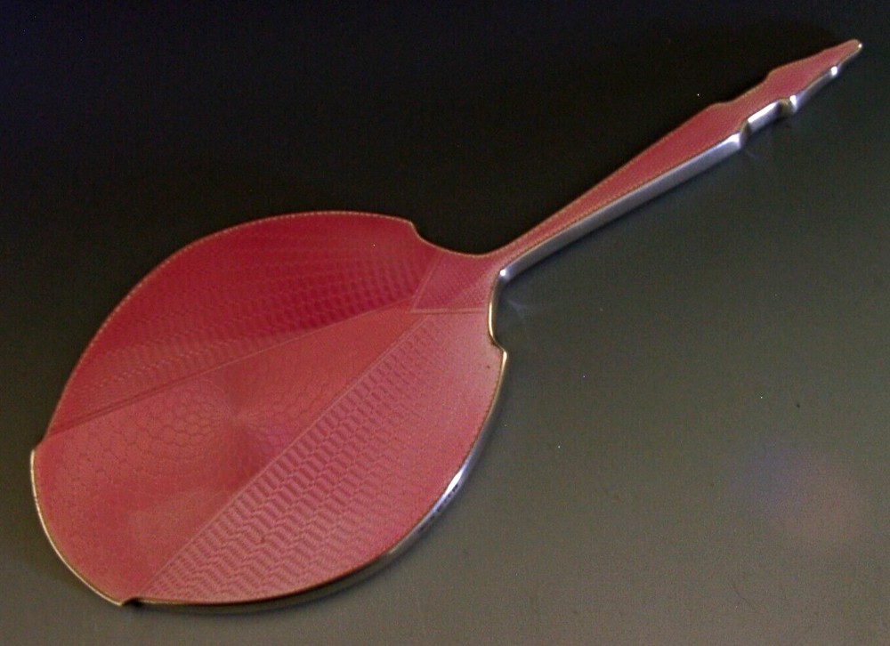 BEAUTIFUL ART DECO STERLING SILVER PINK ENAMEL DRESSING TABLE MIRROR 1939