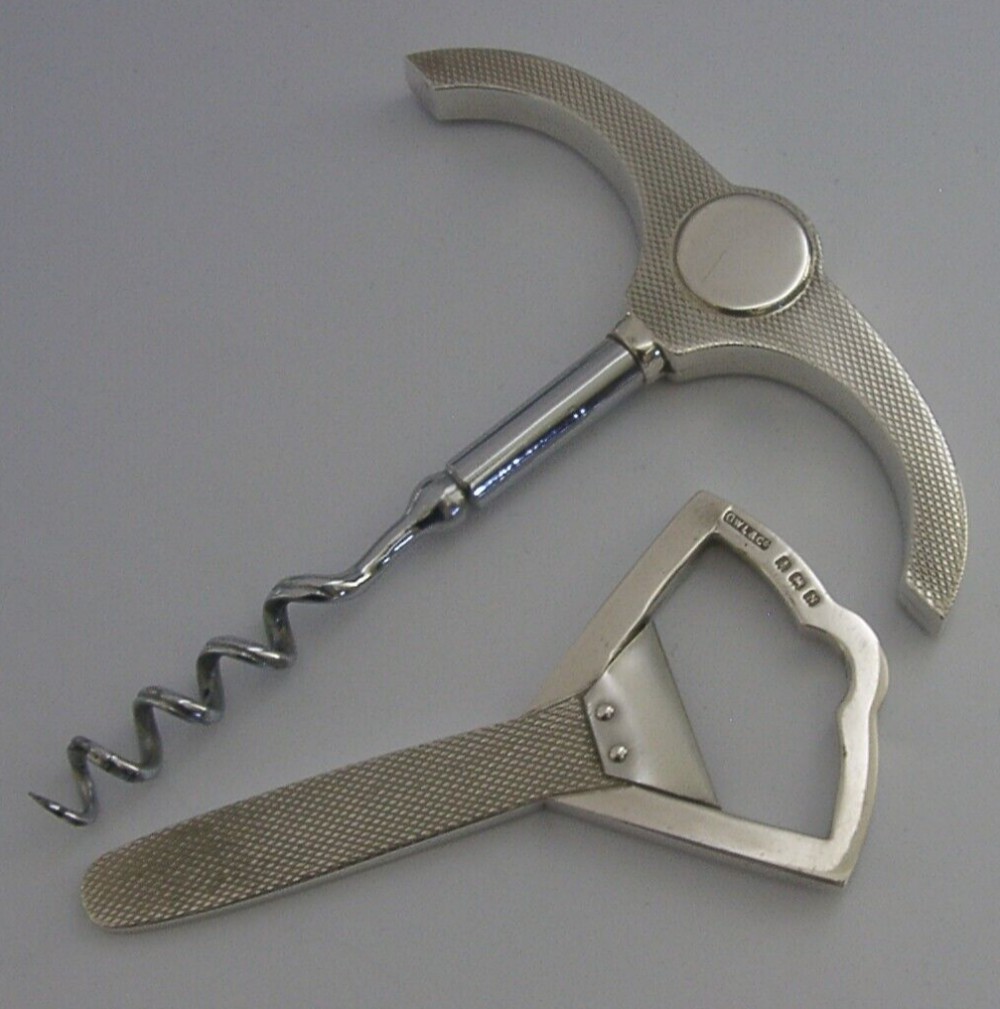 ART DECO MINT ENGLISH STERLING SILVER CORKSCREW BOTTLE OPENER SET BARWARE 1937