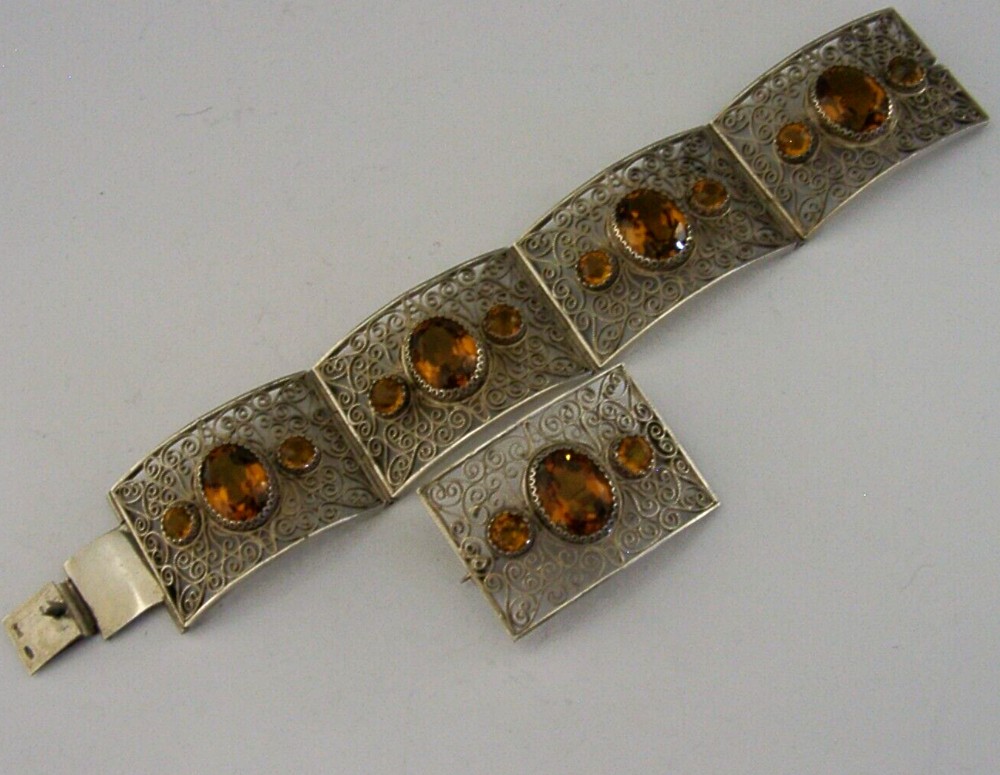 ART DECO ITALIAN SOLID SILVER CITRINE BRACELET BROOCH SET c1940s ANTQIUE CASED
