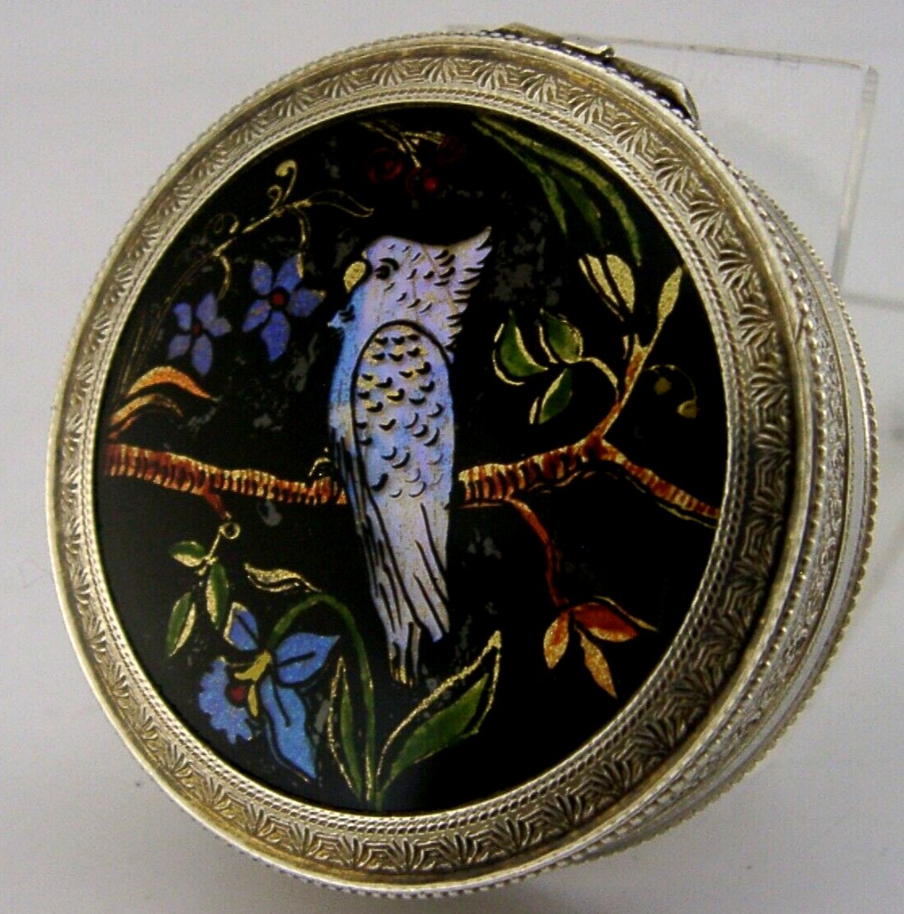 RARE AUSTRIAN STERLING SILVER ENAMEL COMPACT CASE BOX ANTIQUE 1926 COCKATOO