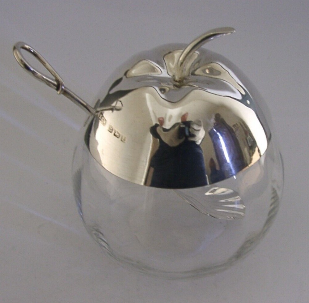 ENGLISH STERLING SILVER GLASS APPLE SAUCE or JAM POT & SPOON 1906 ANTIQUE