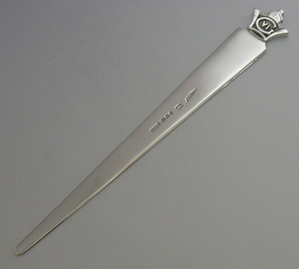 ASPREY ENGLISH SOLID STERLING SILVER ROYAL LETTER OPENER 1937 DESK ITEM RE STONE