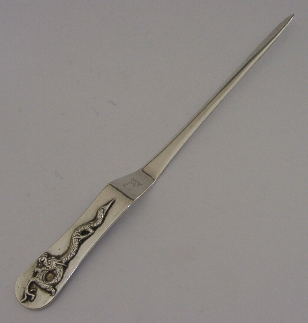 RARE CHINESE EXPORT SILVER DRAGON LETTER OPENER c1900 DESK ANTIQUE 56g