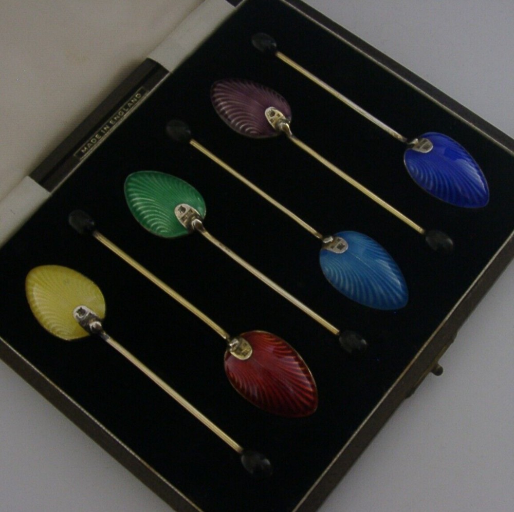 ART DECO SIX SOLID STERLING SILVER ENAMELLED SPOONS 1954 ENGLISH CASED