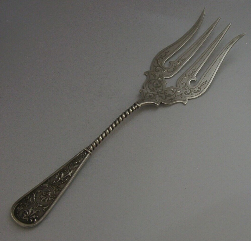 HUGE GERMAN SOLID 800 SILVER SERVING FORK c1900 ANTIQUE HEAVY 107g
