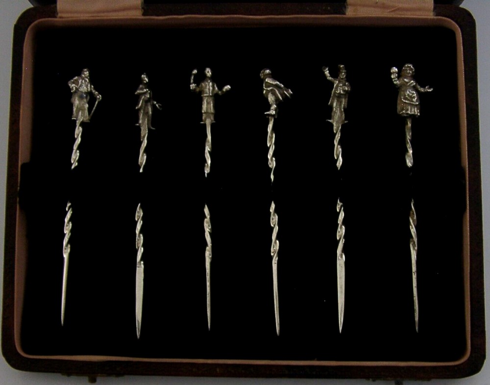 RARE SET OF SIX ENGLISH STERLING SILVER DICKENS FIGURES COCKTAIL STICKS 1966 BARWARE