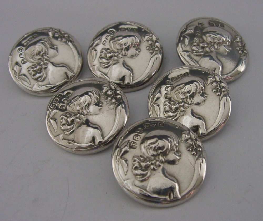 STUNNING ART NOUVEAU CHILD MAIDEN SOLID STERLING SILVER BUTTONS ANTIQUE 1907