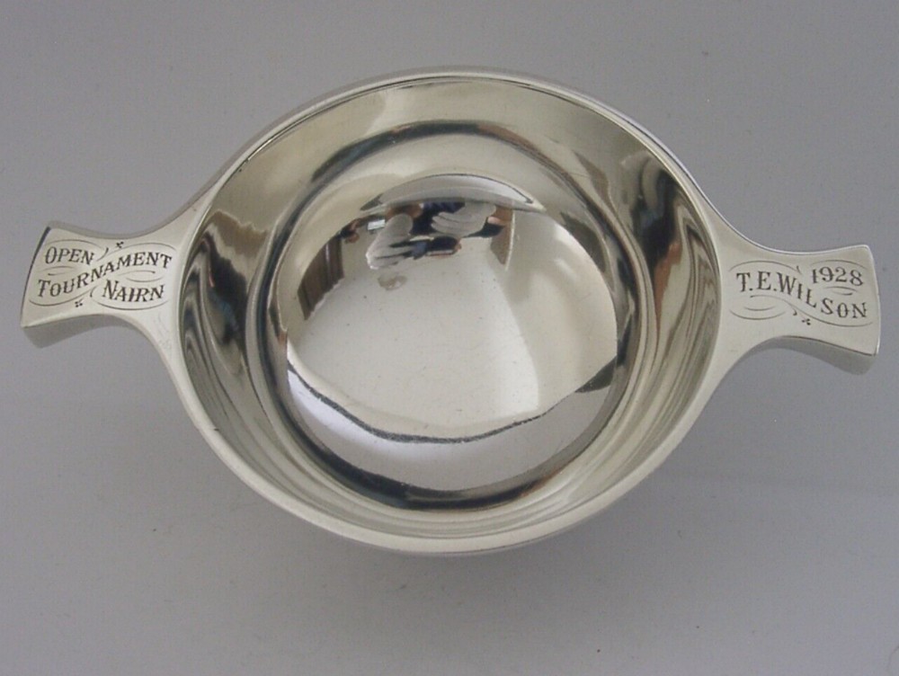 SCOTTISH NAIRN GOLFING STERLING SILVER WHISKY QUAICH CUP 1928 T E WILSON ANTIQUE