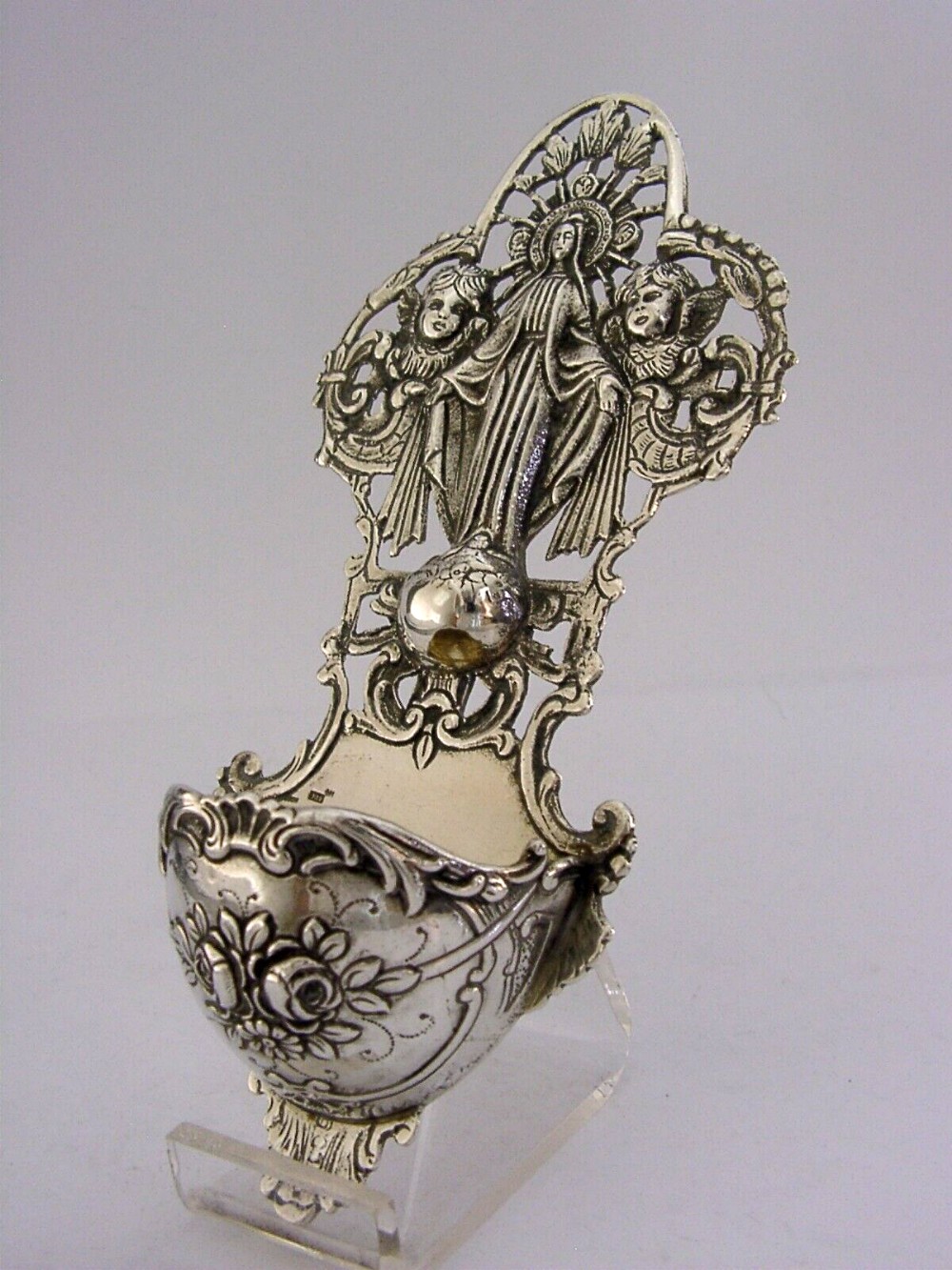 STUNNING STERLING SILVER HOLY WATER WALL FONT ANTIQUE c1940 RELIGIOUS 5.75inch