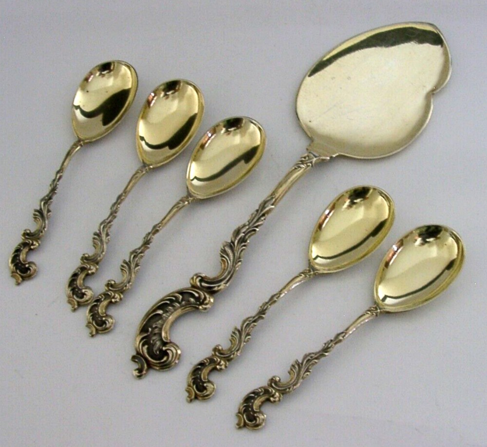GERMAN 800 SOLID SILVER ICE CREAM SERVER & 5 SPOONS c1900 ANTIQUE 156g