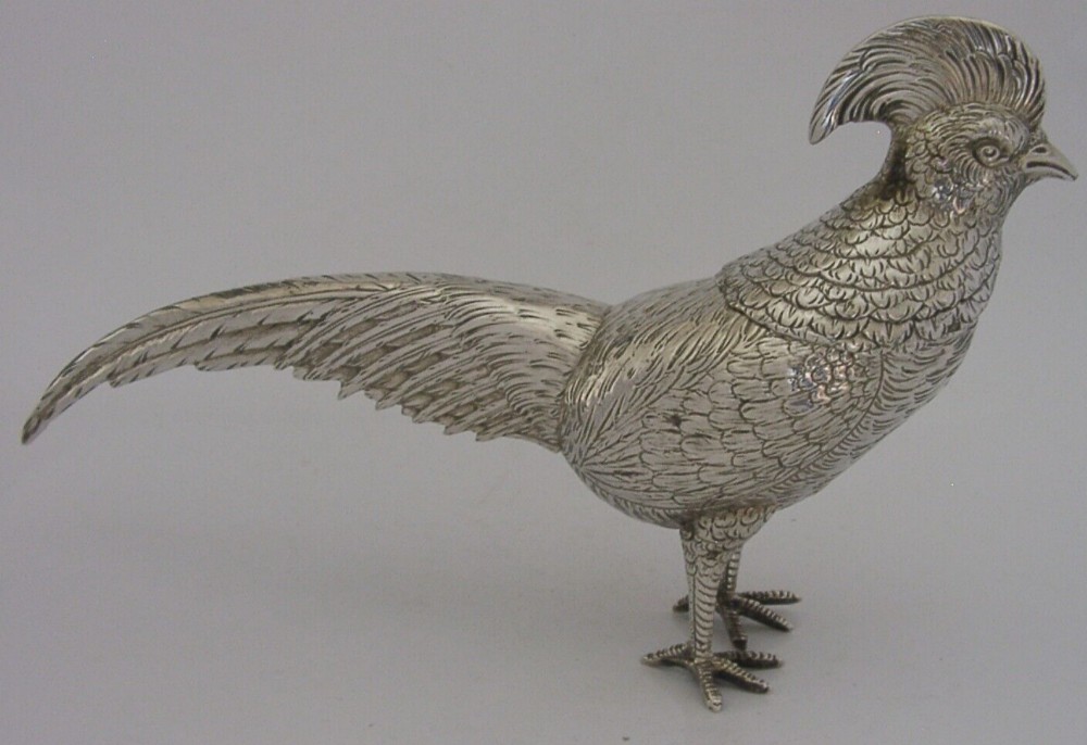 RARE LARGE FRENCH SOLID SILVER PHEASANT BIRD POUNCE POT DESK ANTIQUE c1890 8+inc