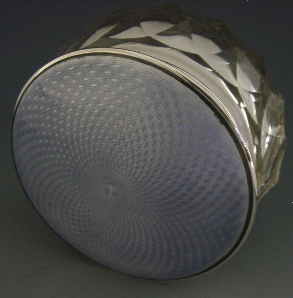 STERLING SILVER PURPLE ENAMEL GLASS DRESSING TABLE BOX POT 1931 ART DECO