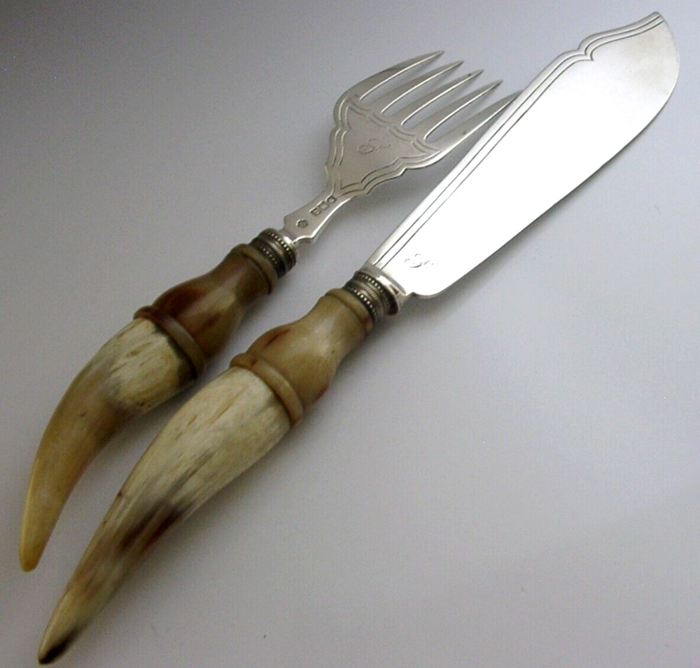 ANTIQUE VICTORIAN COW HORN STERLING SILVER FISH SERVING SET 1897 ANTIQUE 266g
