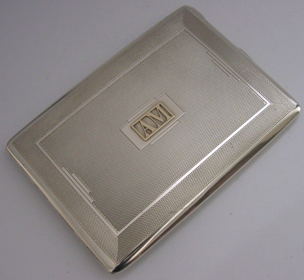 ART DECO STERLING SILVER & GOLD ENGINE TURNED CIGARETTE CASE 1933 ANTIQUE 158g