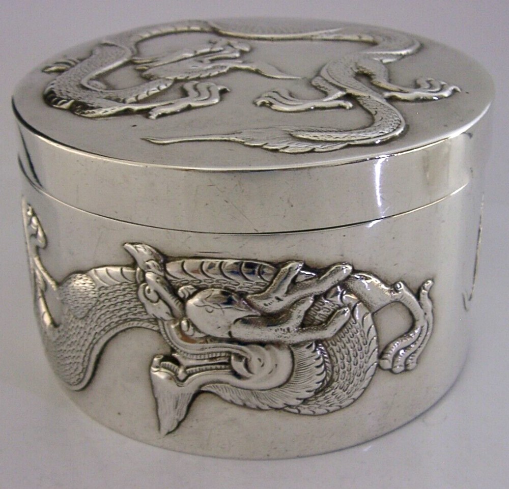 LARGE 258g RARE CHINESE EXPORT SOLID SILVER DRAGON TABLE BOX c1900 ANTIQUE