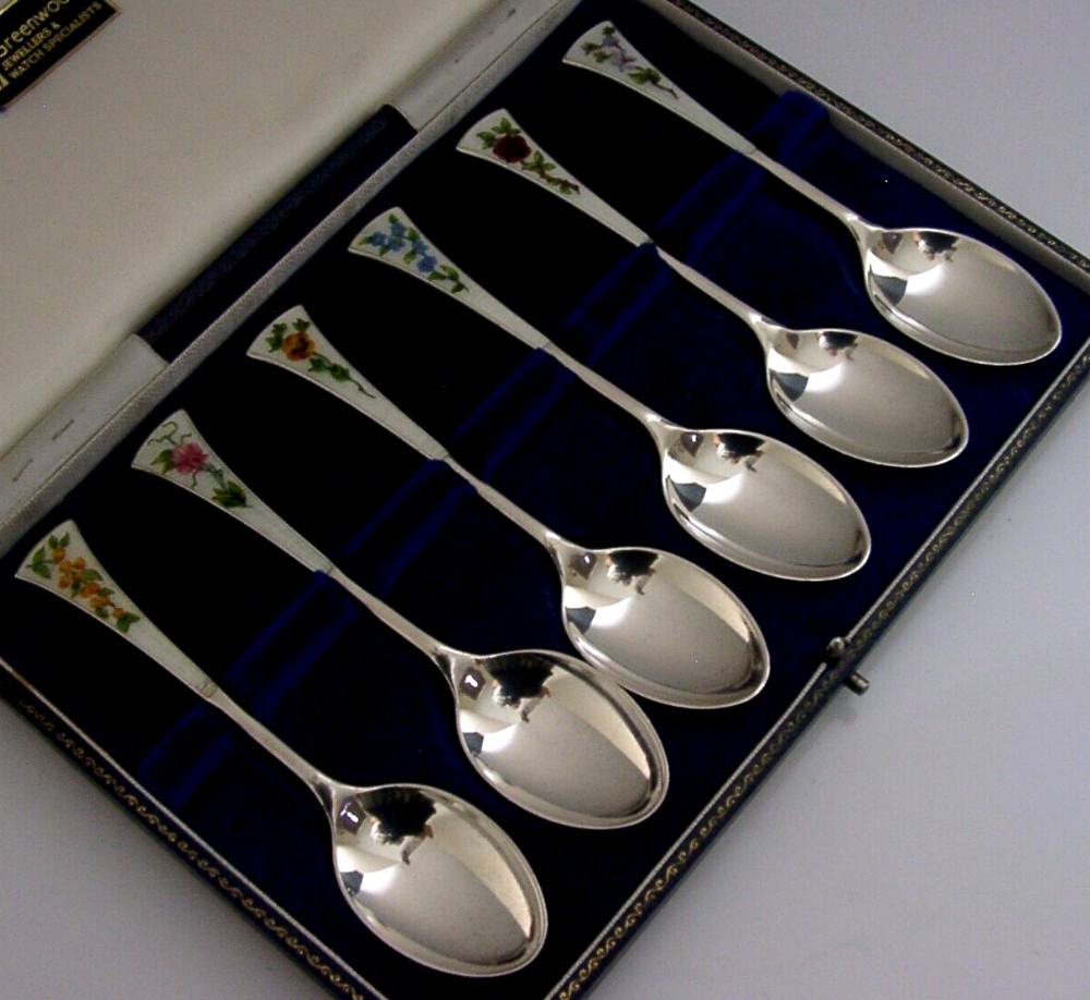 ENGLISH SET of SIX STERLING SILVER ENAMEL FLOWER SPOONS 1965 CASED