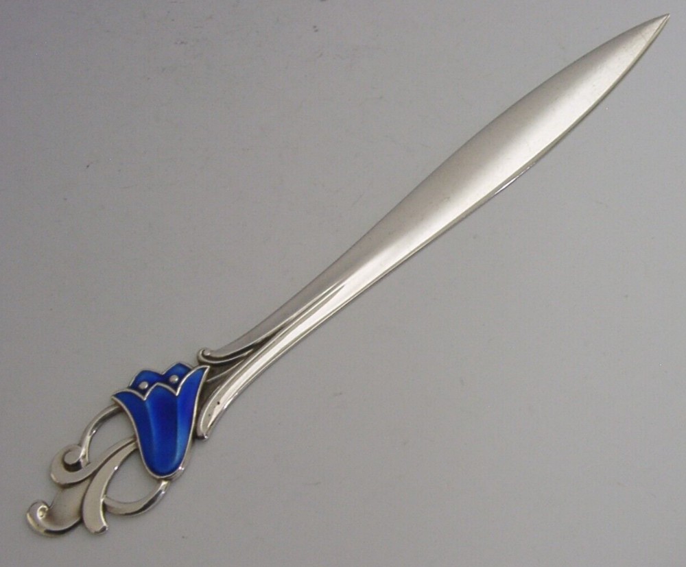 BEAUTIFUL NORWEGIAN STERLING SILVER ENAMEL BLUEBELL FLOWER LETTER OPENER c1950