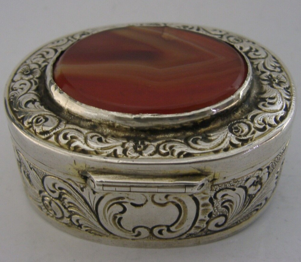 STUNNING SOLID SILVER ORANGE AGATE SNUFF BOX c1880 ANTIQUE 68g