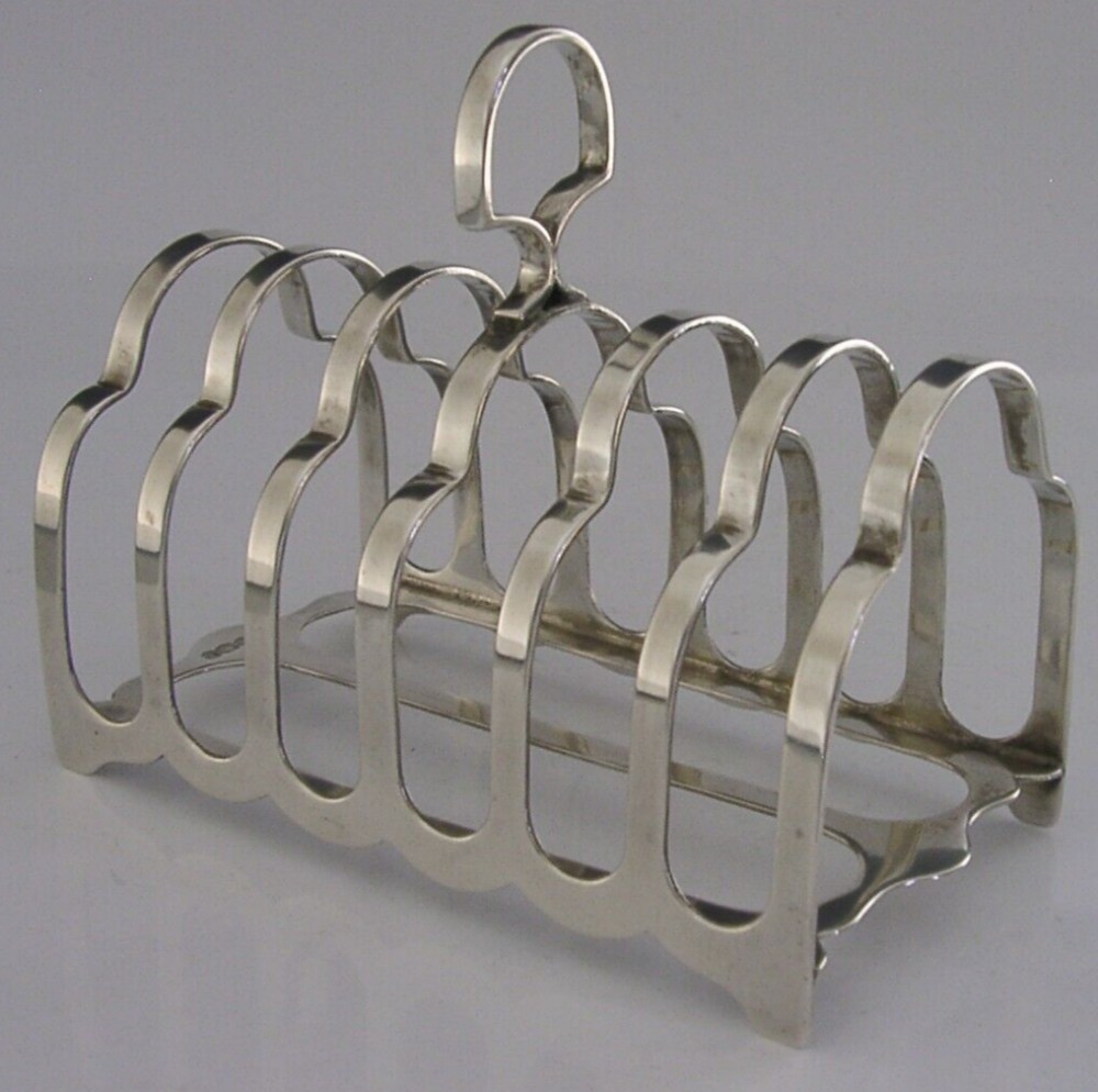 BEAUTIFUL HEAVY 123g ENGLISH STERLING SILVER SIX SLICE TOAST RACK 1932 ART DECO
