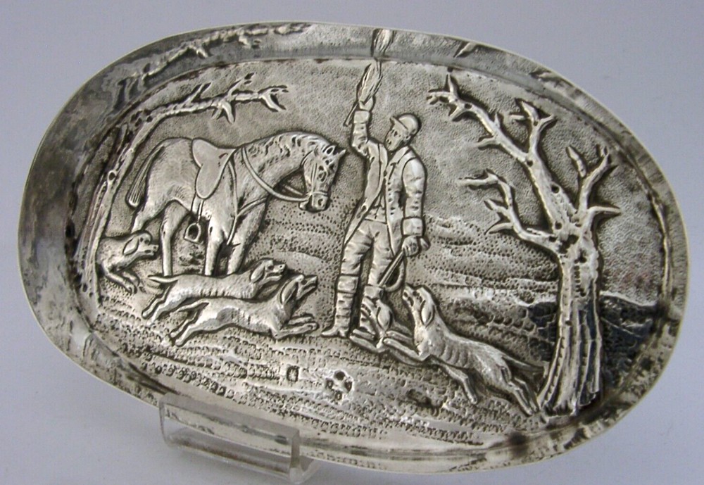 VICTORIAN ENGLISH STERLING SILVER FOX HUNTING SCENE DISH 1882 ANTIQUE