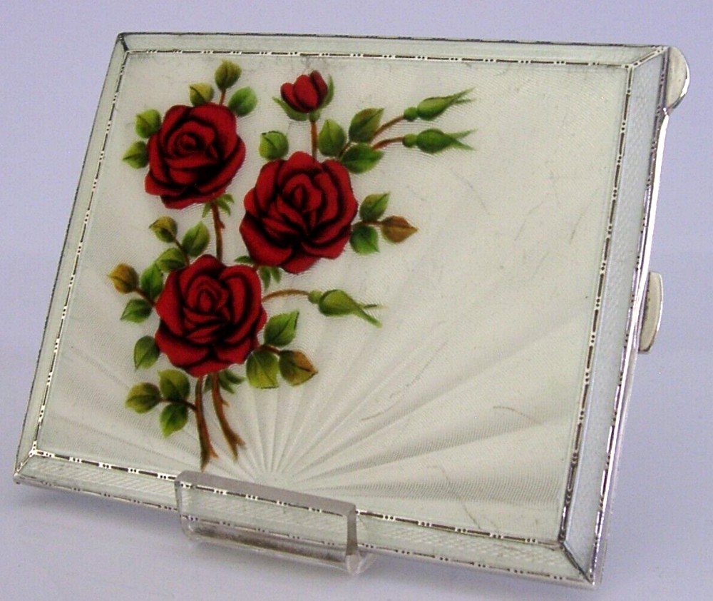 BEAUTIFUL LARGE STERLING SILVER ENAMEL ROSES CIGARETTE CASE 1959 ENGLISH 172g