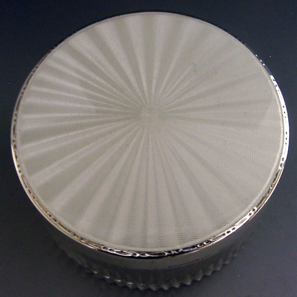 STERLING SILVER WHITE ENAMEL GLASS DRESSING TABLE BOX POT 1950 ART DECO LUGGED