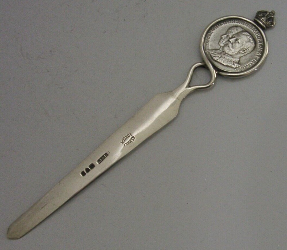 RARE ASPREY STERLING SILVER KING GEORGE V LETTER OPENER 1910 DESK ITEM ROYALTY