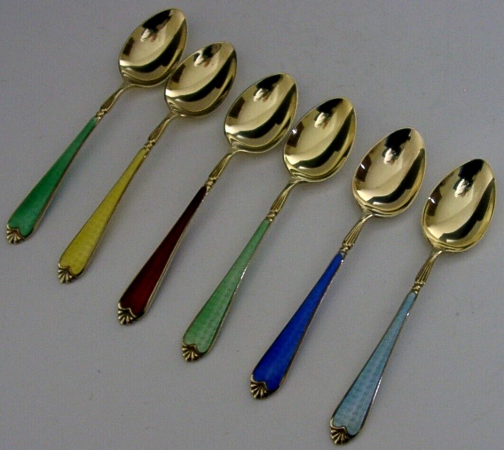 SIX BEAUTIFUL ENGLISH STERLING SILVER GILT ENAMEL SPOONS 1957
