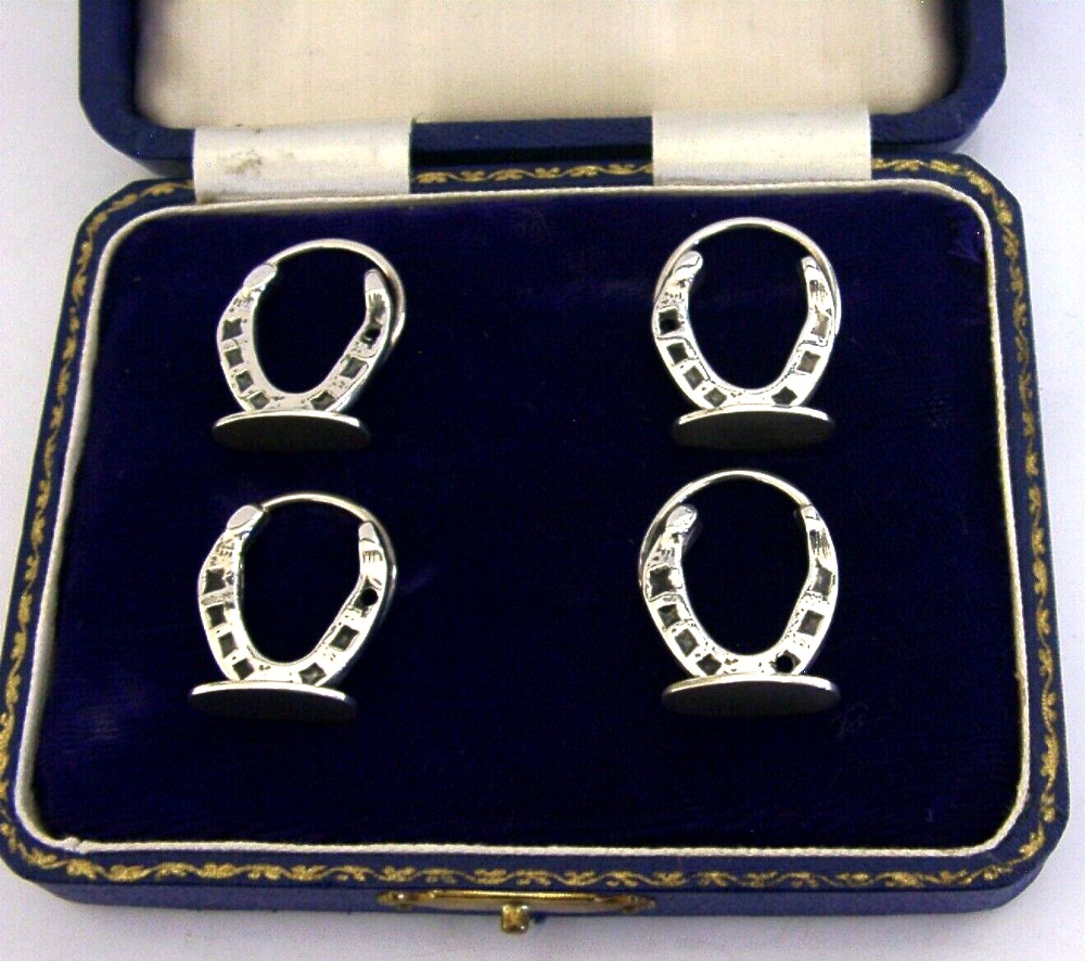 FOUR LUCKY HORSE SHOE STERLING SILVER MENU PLACE CARD HOLDERS 1930s CASED