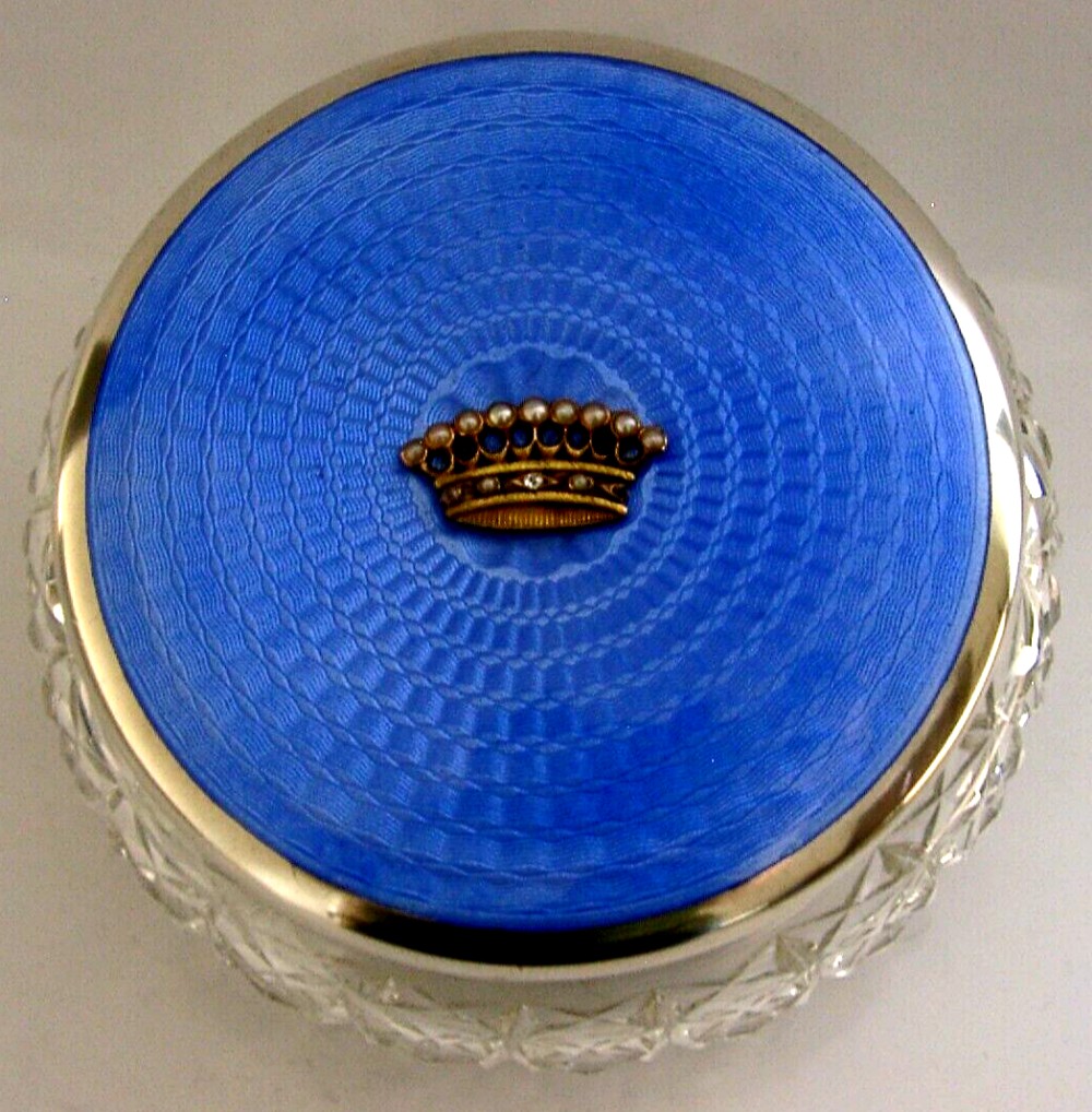 STUNNING VISCOUNTESS STERLING SILVER BLUE ENAMEL PEARLS JAR BOX POT 1934 350g