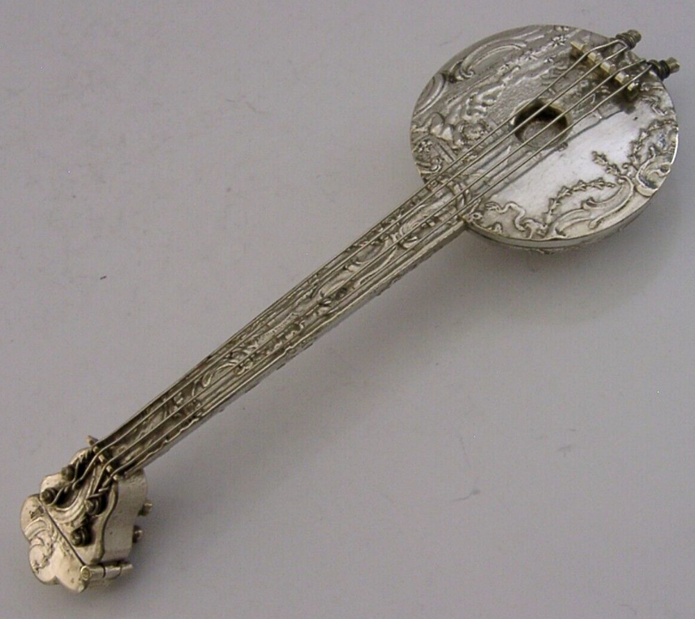 RARE SOLID SILVER MANDOLIN SCENT BOTTLE 1900 MUSICAL INSTRUMENT ANTIQUE 5.25inch