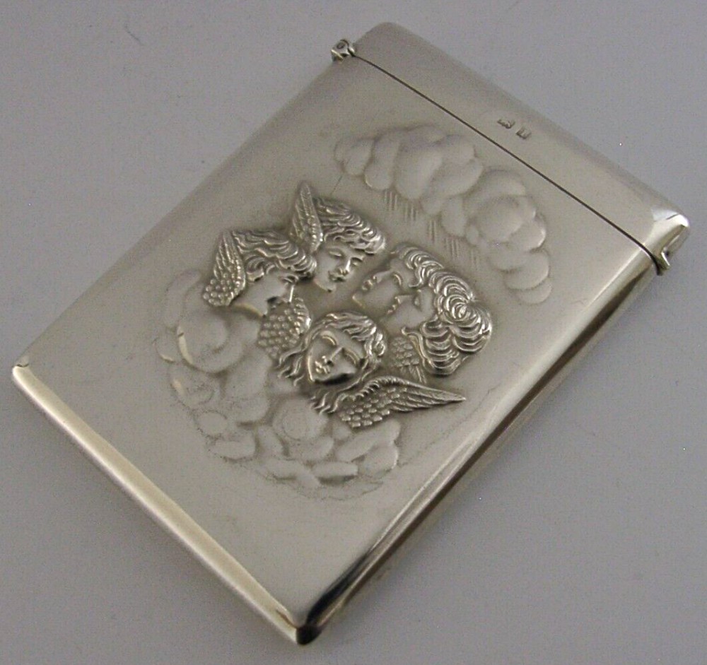 BEAUTIFUL ENGLISH STERLING SILVER REYNOLDS ANGELS CARD CASE 1910 ANTIQUE