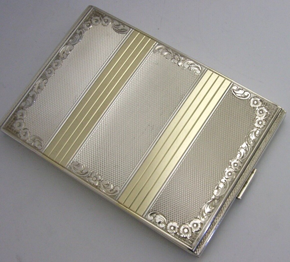 CZECHOSLOVAKIAN 900 SOLID SILVER & GOLD CIGARETTE CASE c1940s ART DECO 154g