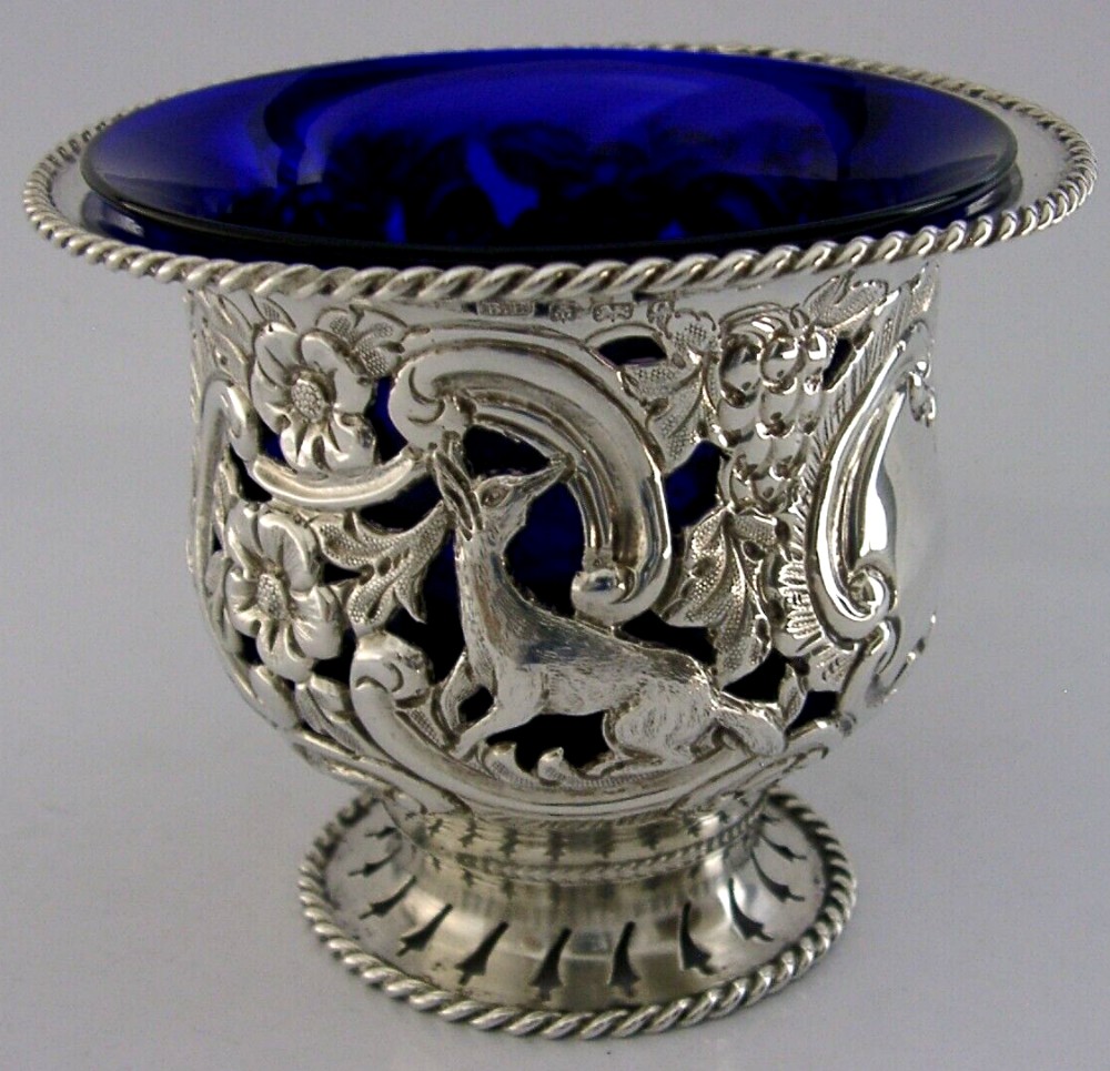 SUPERB ENGLISH STERLING SILVER BLUE GLASS LINED BOWL FOX SWAN DOG 1904 ANTIQUE