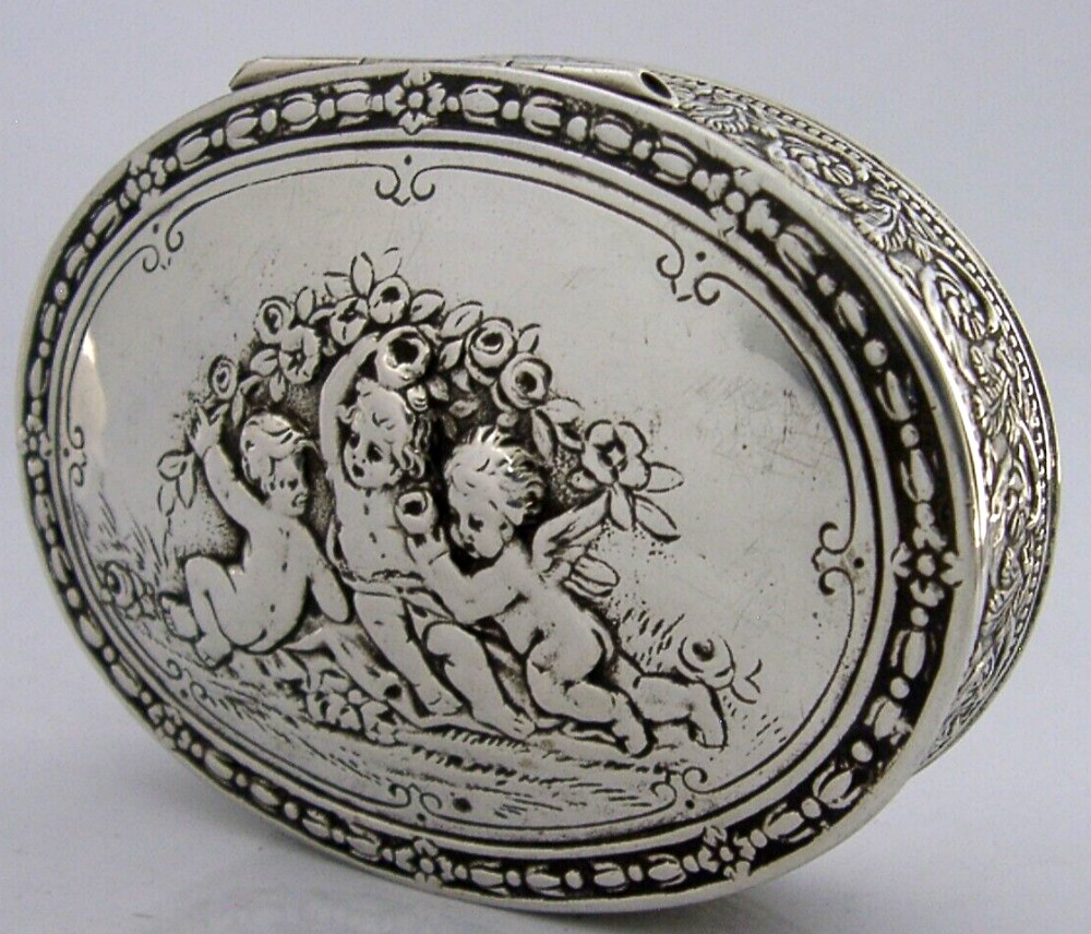 BEAUTIFUL 80g GERMAN 800 SOLID SILVER CHERUB DESK TABLE BOX c1900 ANTIQUE