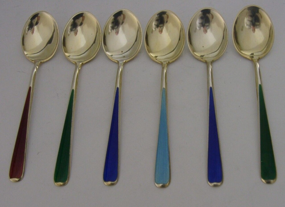 SIX BEAUTIFUL NORWEGIAN STERLING SILVER GILT ENAMEL SPOONS c1960